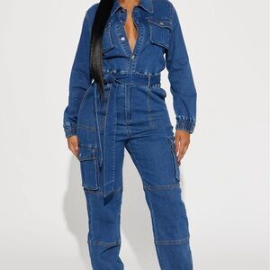 Denim jumpsuit.